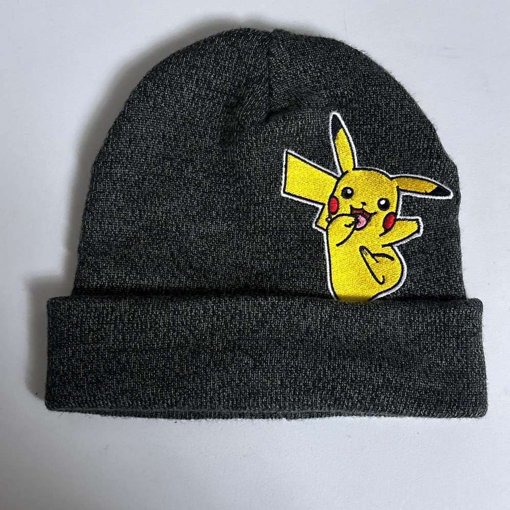Pokemon Beanie OS Grey Pikachu Embroidered Patch Cuffed Knit Hat Winter Casual